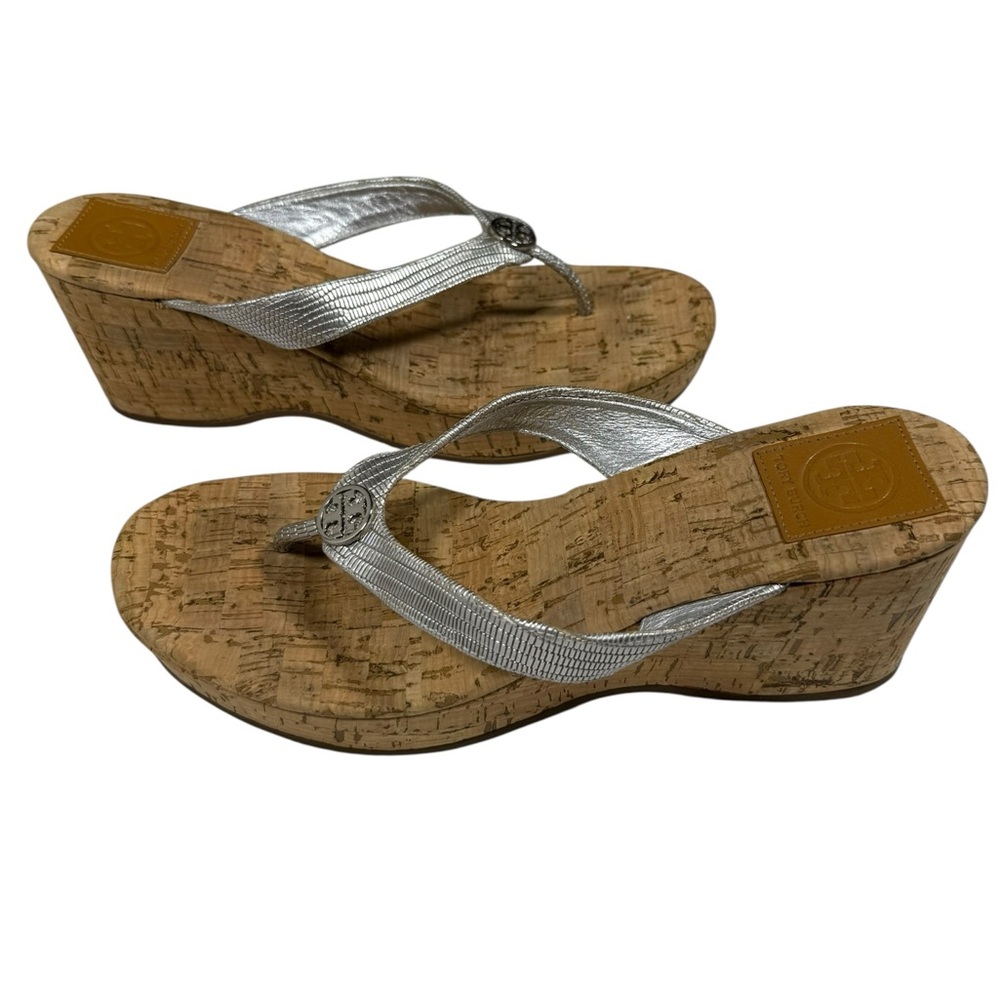 Tory Burch Silver Metallic Wedge Thong Sandals Womens 9.5 Cork Platform Designer